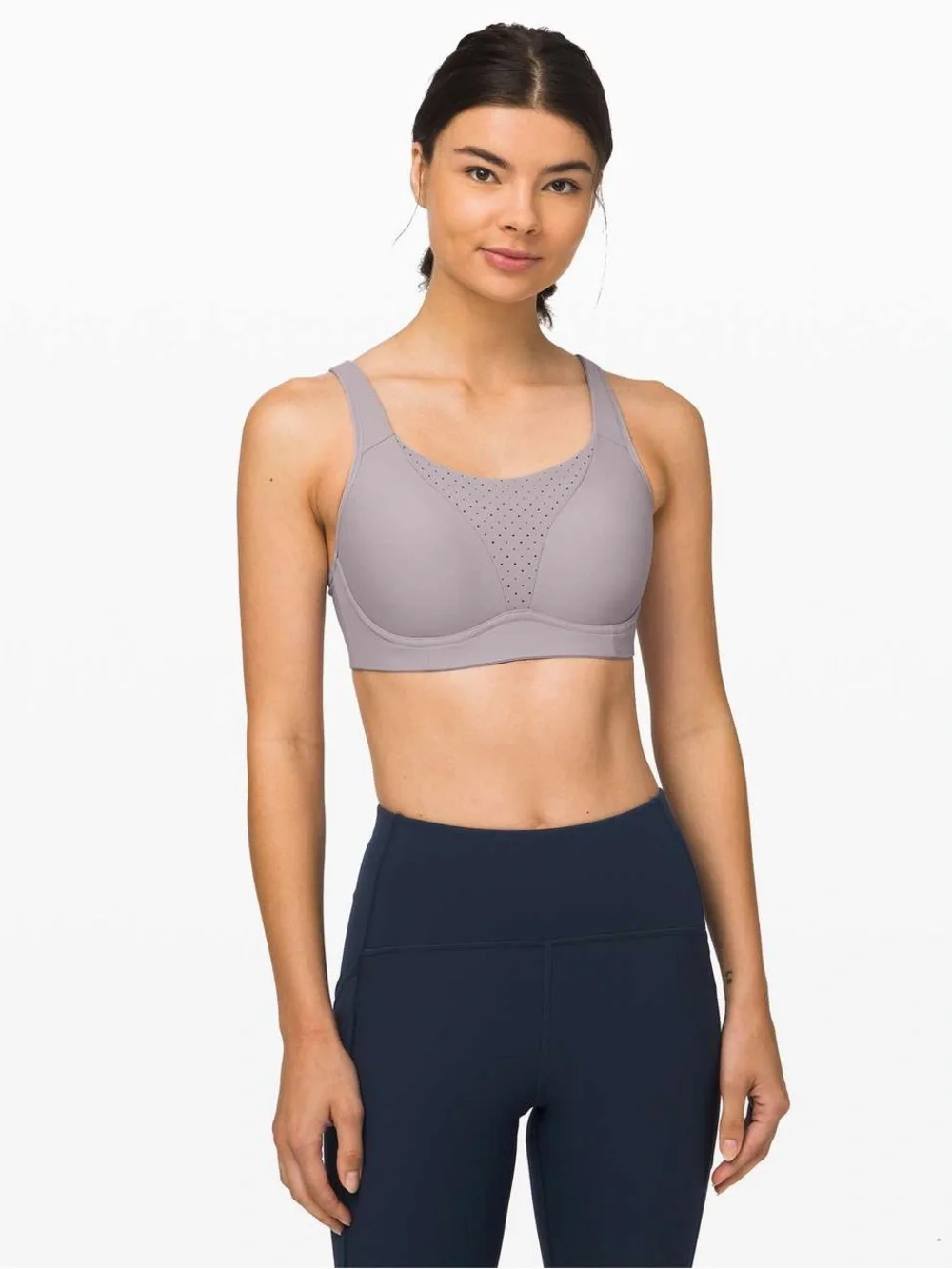 Lululemon Run Times Bra Dark Chrome High Support 36DD Perforated Running